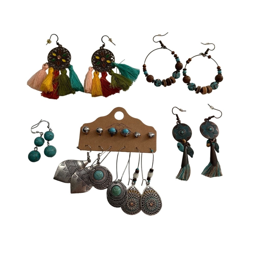 Bohemian Tassel & Silver Earring Set 10 Pairs Studs & Hoops Multicolor Turquoise